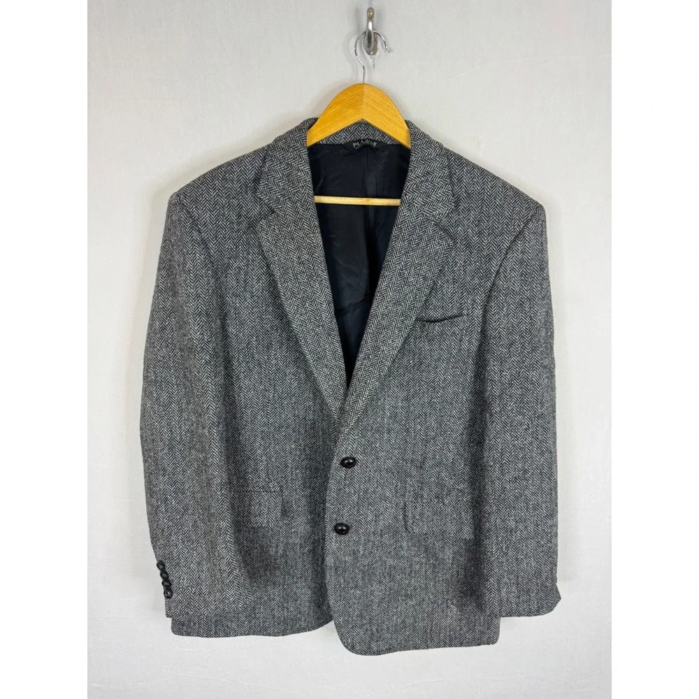 Harris Tweed Jos A Bank Blazer Mens 46 Grey Herringbone Wool Sport Coat Jacket